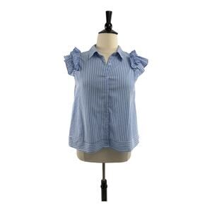 Umgee Blue/White Pinestripe Ruffle Sleeve Button Up, Size L (Umgee runs big)